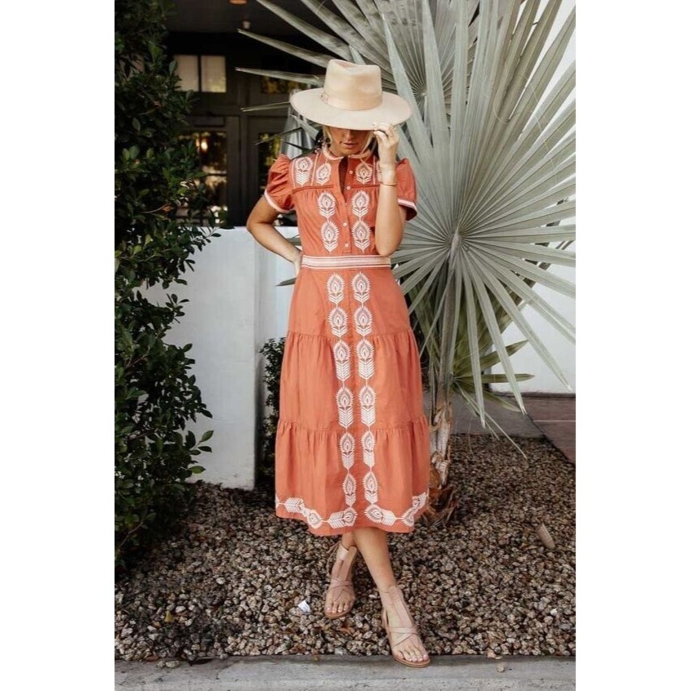 Bohme Siya Embroidered Midi Dress M Coral Short Sleeve Tiered Modest High Neck